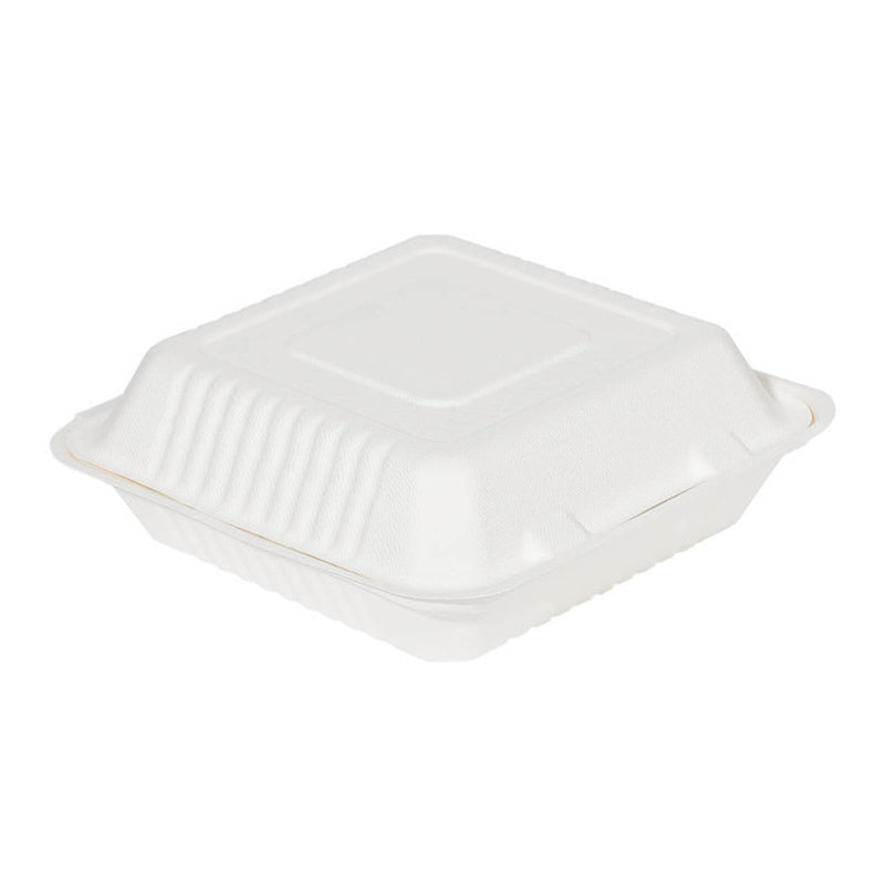 FCS91W 9x9x3 hinged sugarcane take out clamshell container closed, eco-friendly disposable food box for restaurants and catering