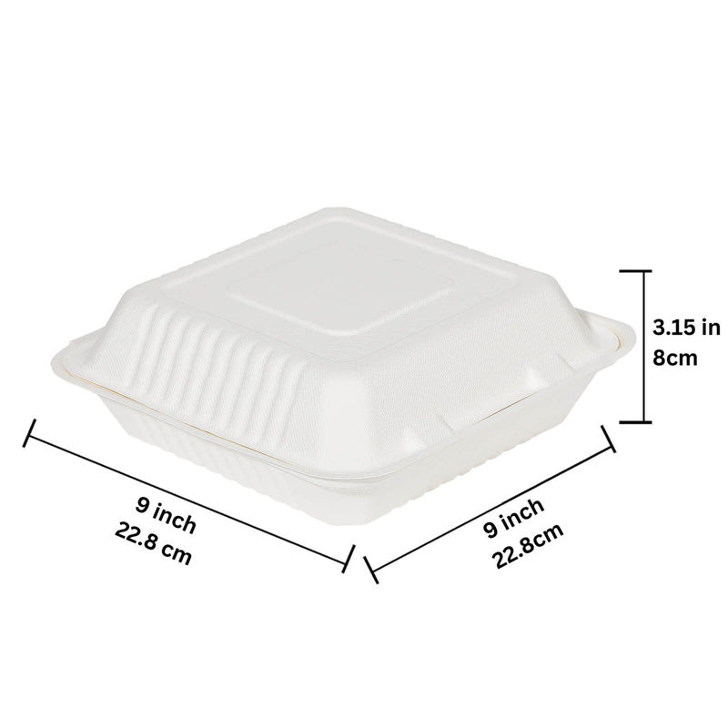 FCS91W 9x9x3 eco sugarcane clamshell container size chart showing length, width, and height, 200 pcs bulk