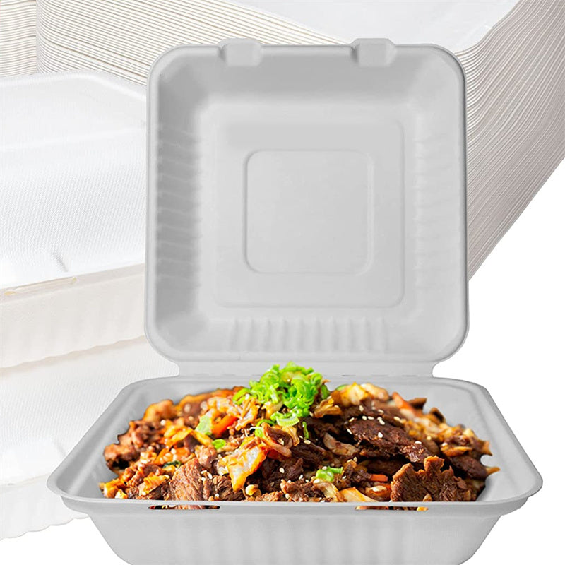 FCS91W 9x9x3 hinged sugarcane take out container with pasta and stack of containers in background, bulk compostable clamshell boxes for catering and food delivery