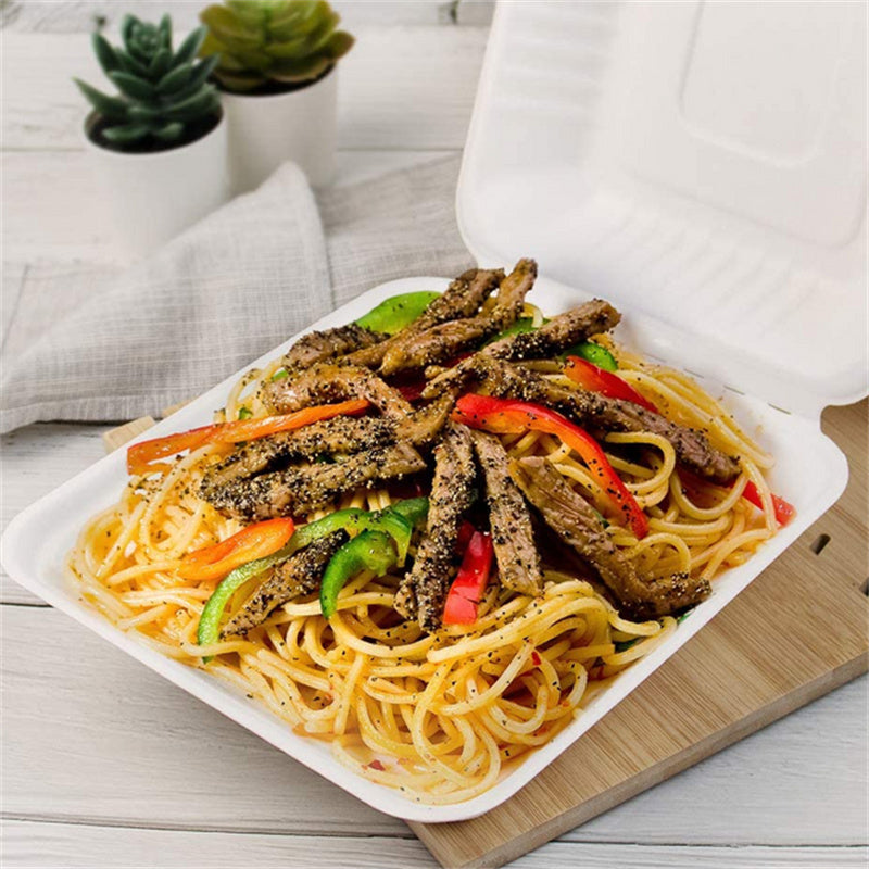 FCS91W 9x9x3 sugarcane hinged take out container filled with pasta, eco-friendly compostable food packaging for restaurants