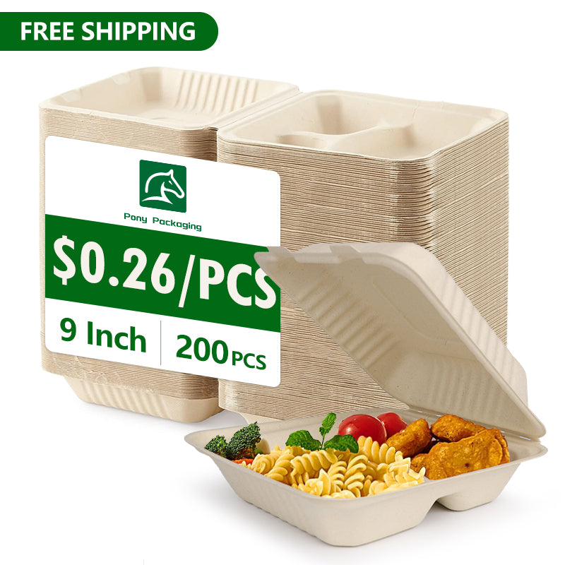 9"x9"x3" 3 Compartment Compostable Clamshell Containers PFAS Free 200 pcs
