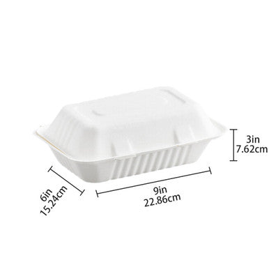 FCS963W 9x6x3 sugarcane clamshell container size chart showing length width and height – biodegradable bagasse food box for sustainable packaging