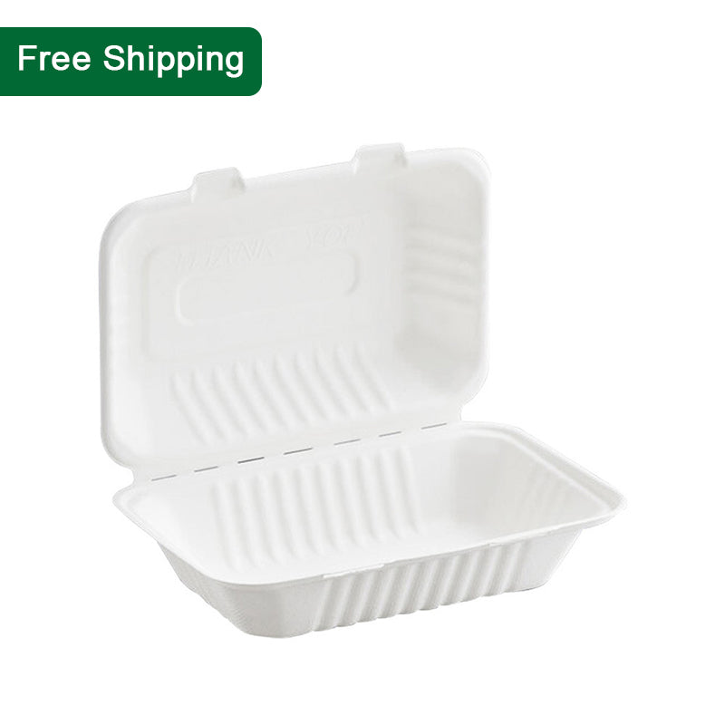 FCS963W 9x6x3 inch sugarcane clamshell take out food containers wholesale pack of 200 – compostable eco friendly white takeout boxes for restaurants and cafes with free shipping