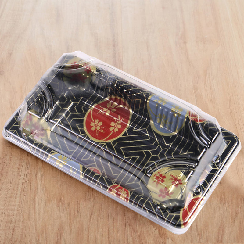 03 rectangular black plastic sushi tray container displayed on grey table background, disposable sushi serving tray