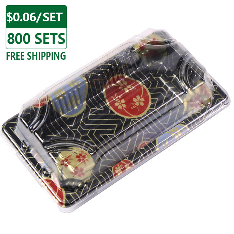 03 rectangular black plastic sushi tray container, 800 sets per case, product image with free shipping and price label