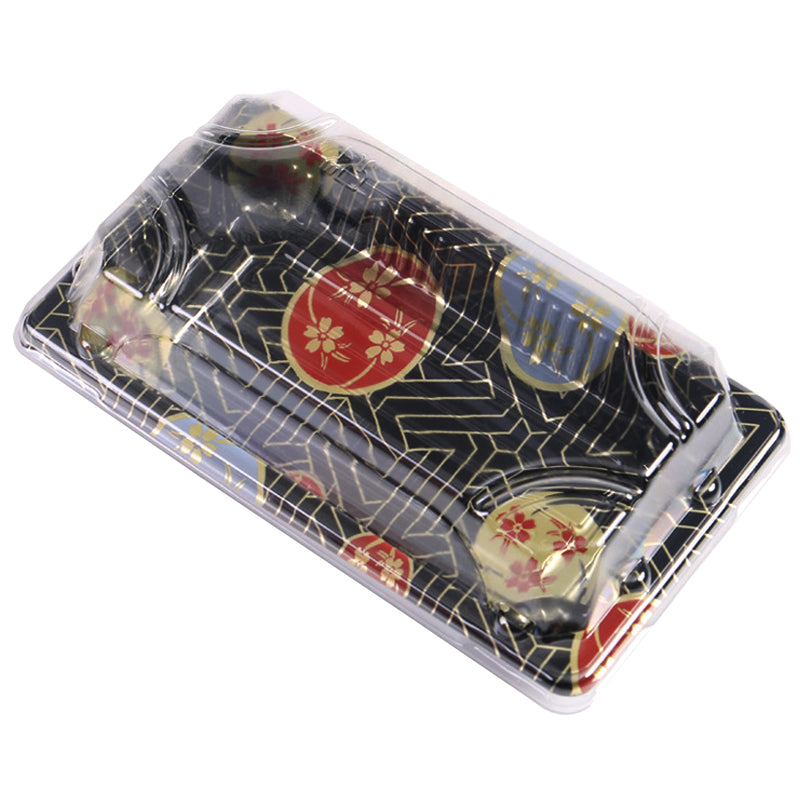03 rectangular black plastic sushi tray container on plain white background, disposable sushi tray