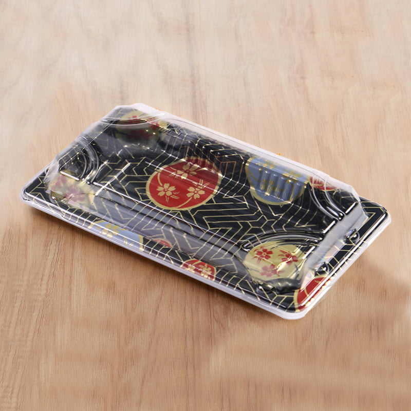08 rectangular black plastic sushi tray container on brown table background, disposable sushi serving tray