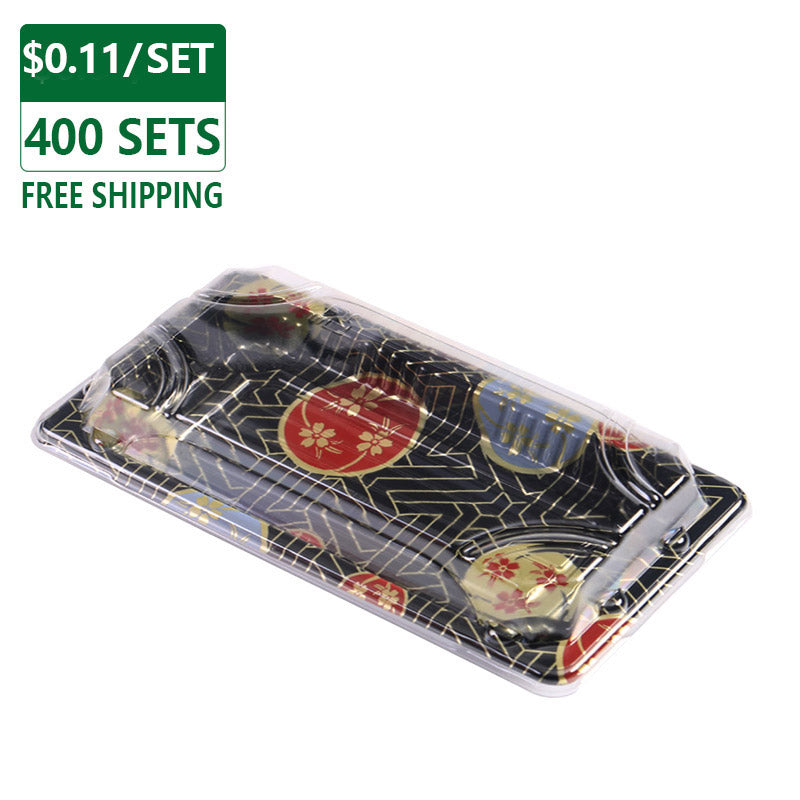 08 rectangular black plastic sushi tray container, 400 sets per case, product image with free shipping and price label