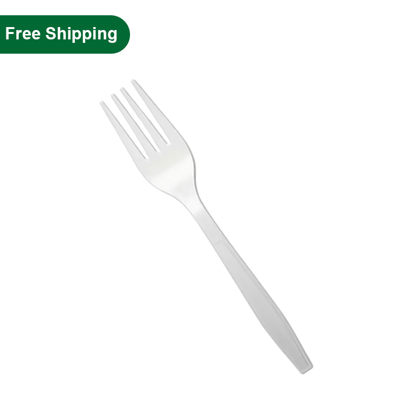 Heavy white disposable fork, 1000 pcs pack, product image with free shipping label
