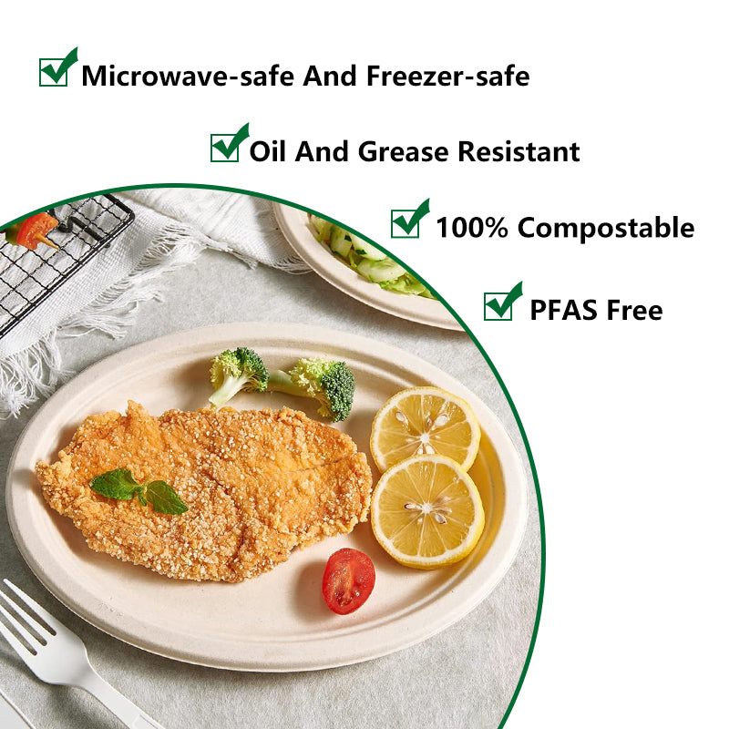 microwave-safe and freezer-safe biodegradable paper plate with fried chicken, oil and grease resistant, 100% compostable, PFAS free