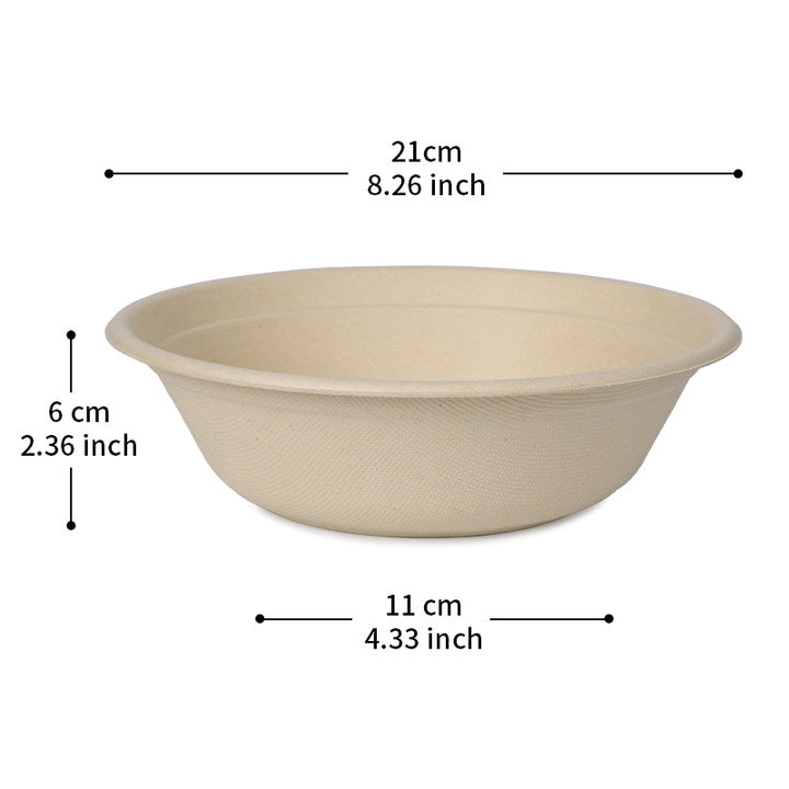 32 oz compostable round fiber bowl PFAS free showing product dimensions including diameter and height