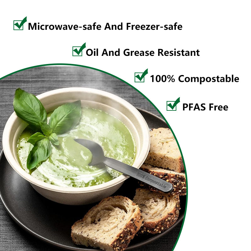 32 oz compostable round fiber bowl filled with green soup, text highlights microwave safe, freezer safe, oil resistant, and PFAS free features