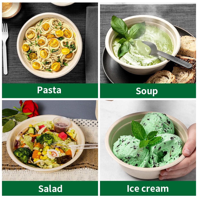 32 oz compostable round fiber bowl PFAS free used for pasta, soup, salad, and ice cream in lifestyle image collage