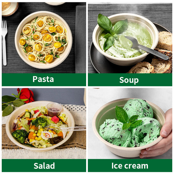 32 oz compostable round fiber bowl PFAS free used for pasta, soup, salad, and ice cream in lifestyle image collage