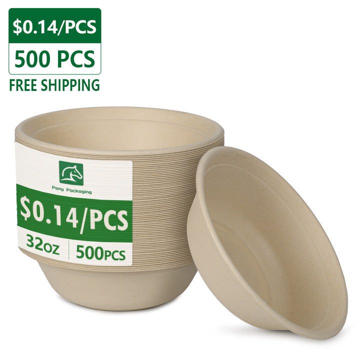 32 oz compostable round fiber bowl PFAS free 500 pcs, main image with free shipping and price label