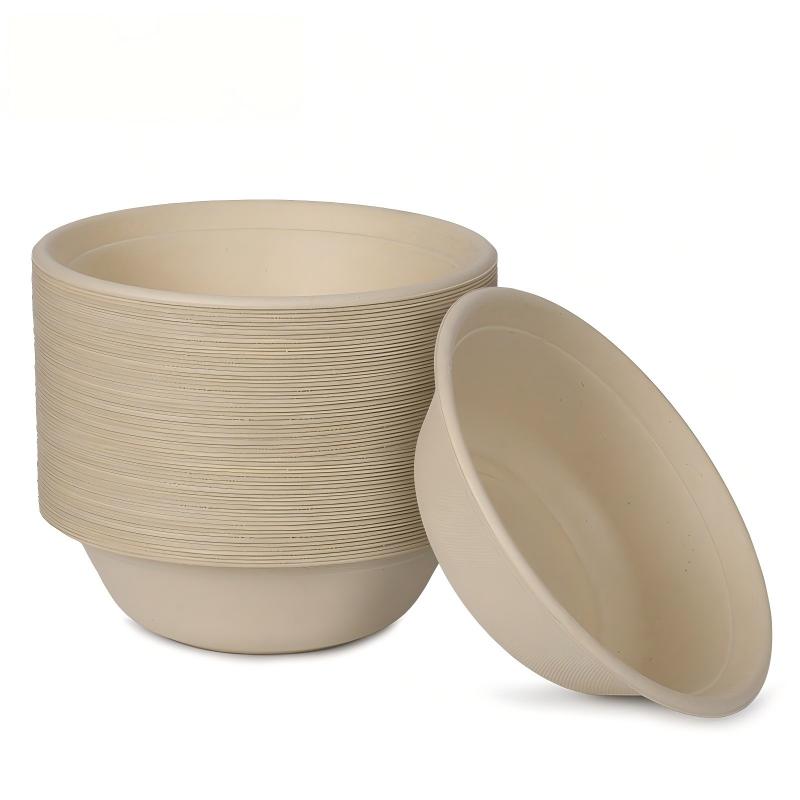 A stack of round beige bowls with one bowl leaning against the stack on a clean white background.