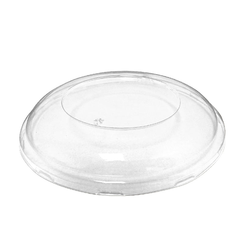 angled_view_of_24_32oz_dome_lid_FRBS_DL_durable_clear_PET_cover_for_restaurant_takeout_bowls
