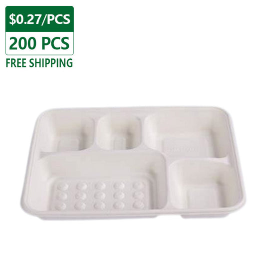 Disposable Deep 5 Compartment Fiber Tray Natural White 200pcs