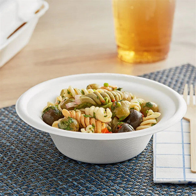 12 oz heavy duty disposable salad bowl filled with pasta, eco friendly food bowl for restaurant and takeout