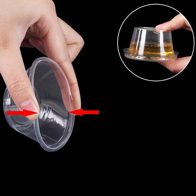 1.5 and 2 oz portion cup lid showing durability when pinched and no leakage when inverted
