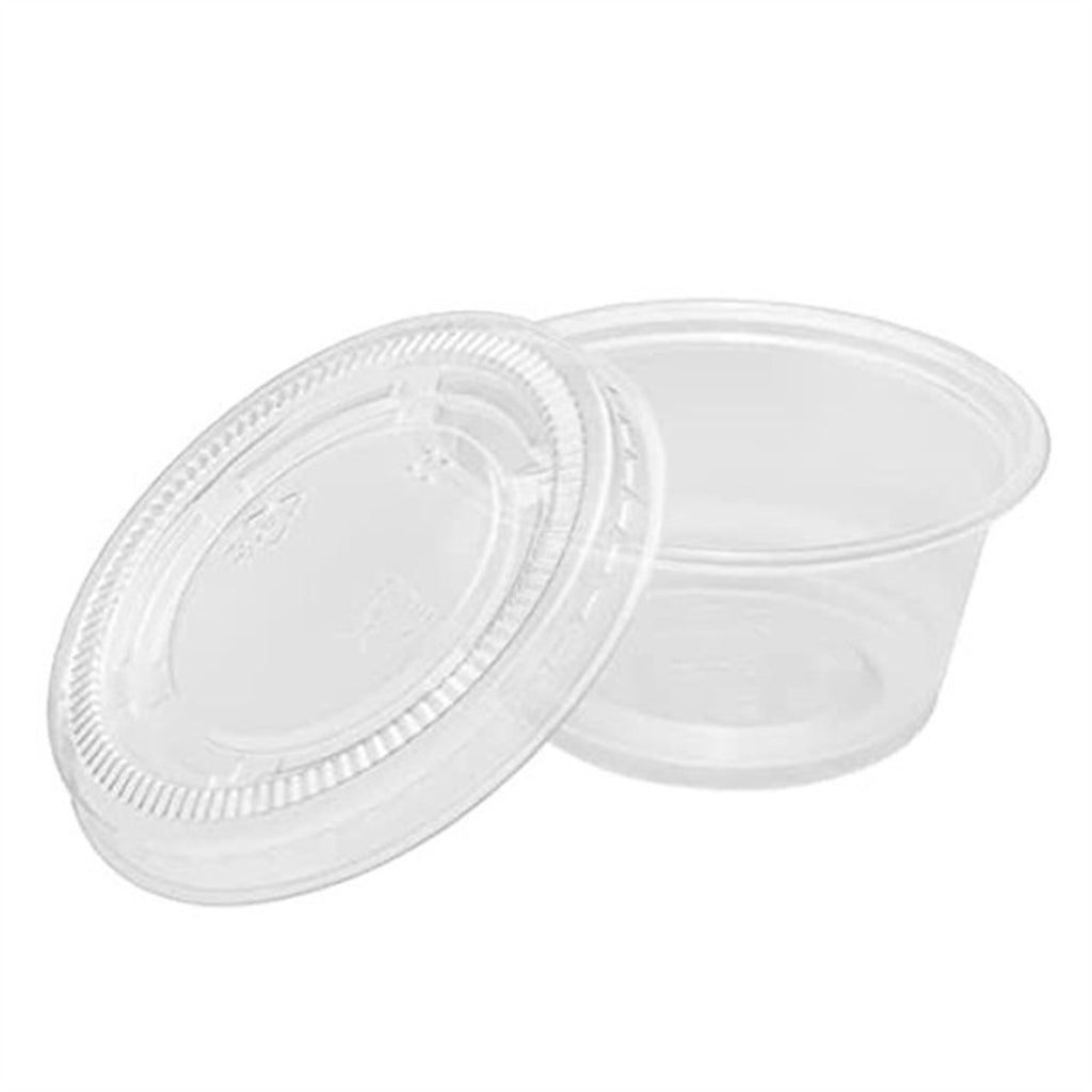 1.5 and 2 oz portion cup lid fitted on disposable sauce cup