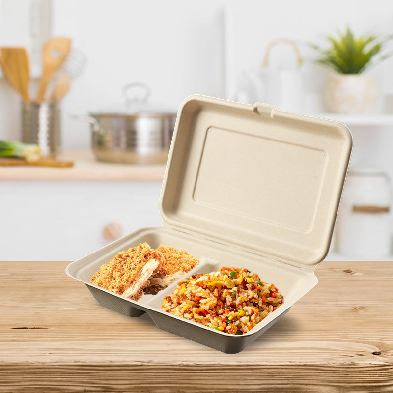 9x6x3 compostable two compartment clamshell container filled with fried rice and chicken cutlet, natural bagasse takeout box