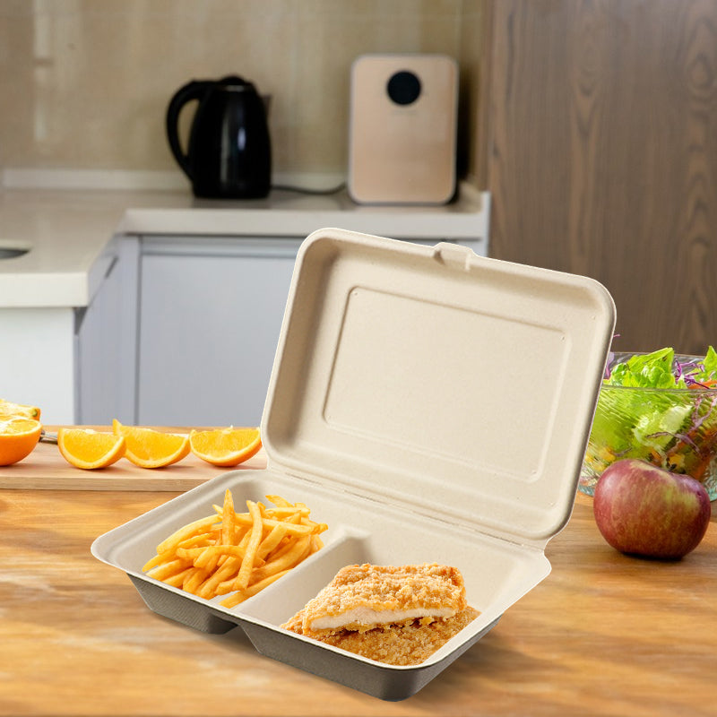 9x6x3 eco friendly two compartment clamshell container with fries and chicken cutlet, natural bagasse food container