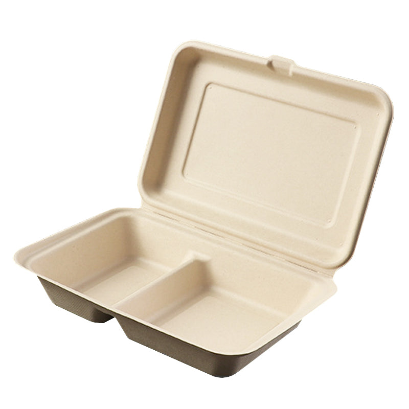 9x6x3 two compartment compostable clamshell container in natural bagasse color, eco friendly takeout food box