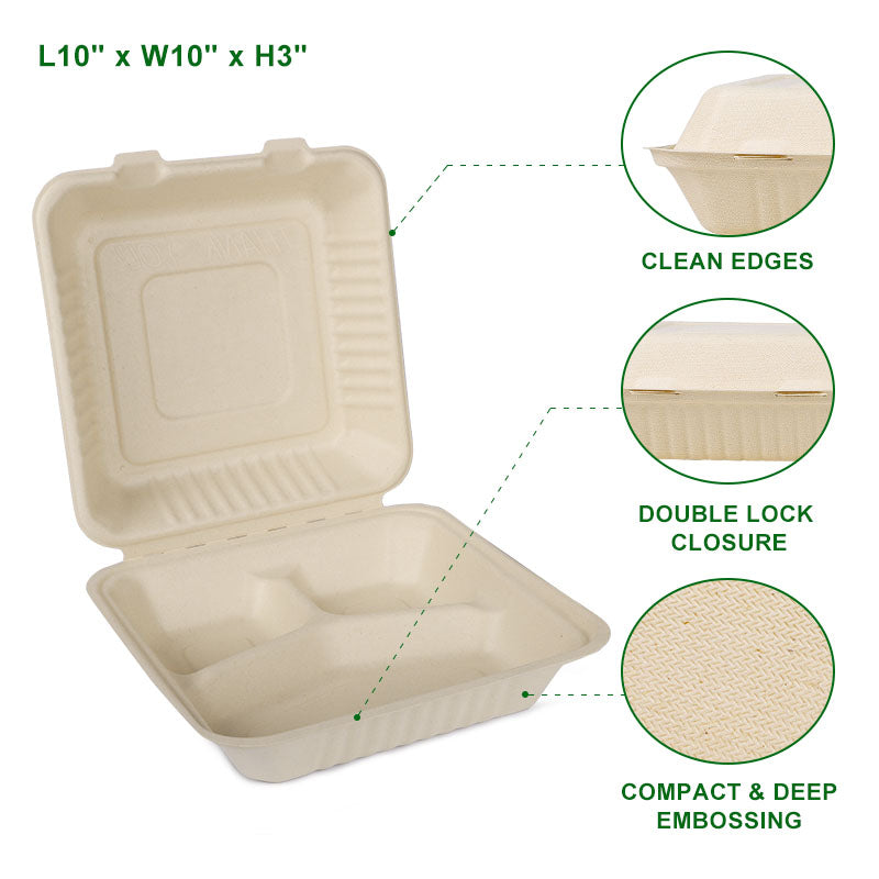10 inch 3 compartment natural fiber clamshell container PFAS free opened to show clean edges, double lock closure, and compact deep embossing design