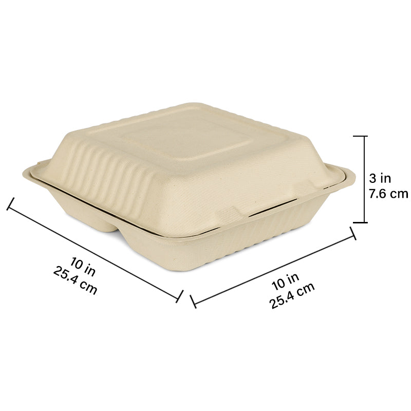 10 inch 3 compartment natural fiber clamshell container PFAS free showing product dimensions including length, width, and height