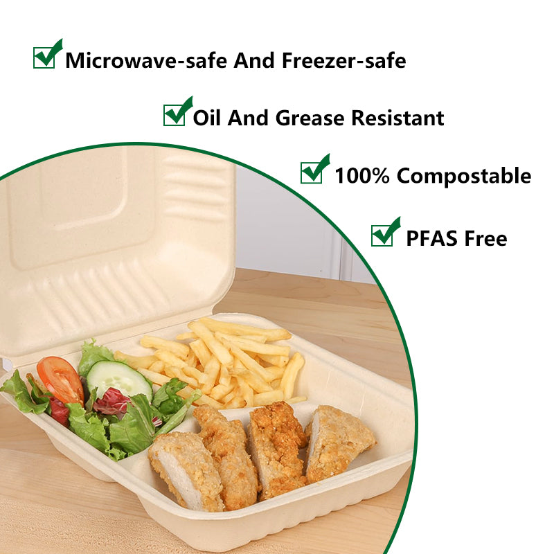 10 inch 3 compartment natural fiber clamshell container PFAS free filled with salad, fries, and chicken cutlet, highlighting microwave safe, freezer safe, oil resistant, compostable, and PFAS free features