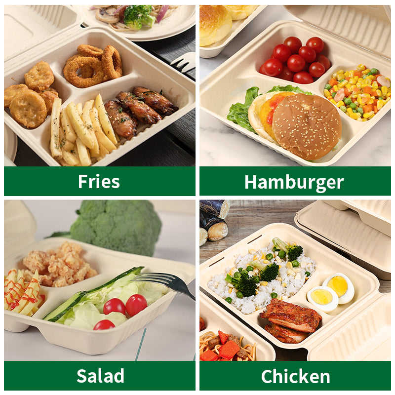 10 inch 3 compartment natural fiber clamshell container PFAS free used for fries, salad, hamburger, and chicken in lifestyle collage