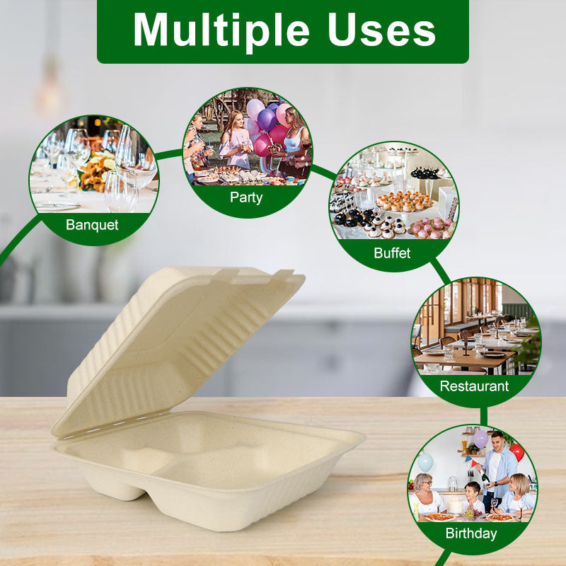 10 inch 3 compartment natural fiber clamshell container PFAS free used in various occasions such as party, banquet, buffet, restaurant, and birthday event
