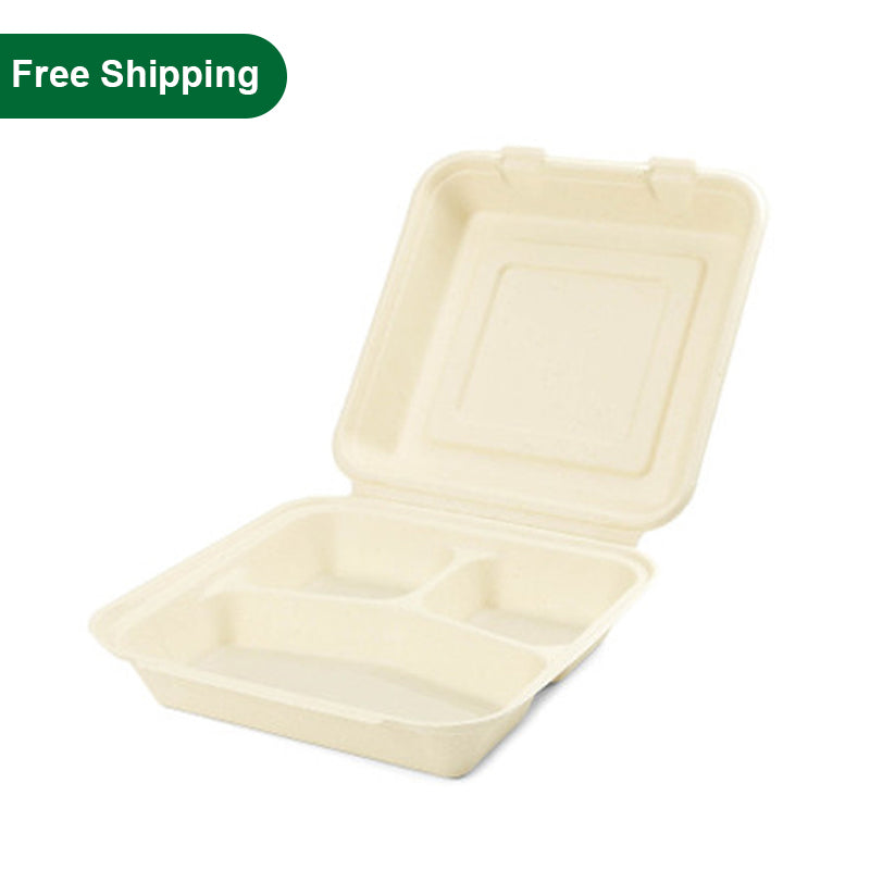 10 inch 3 compartment natural fiber clamshell container PFAS free single box with free shipping label