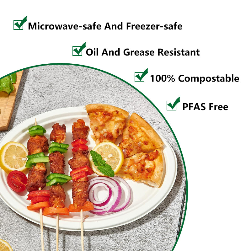 10x8 compostable oval plate with skewers lemon onion and pizza, feature icons showing microwave safe freezer safe leak resistant and PFAS free
