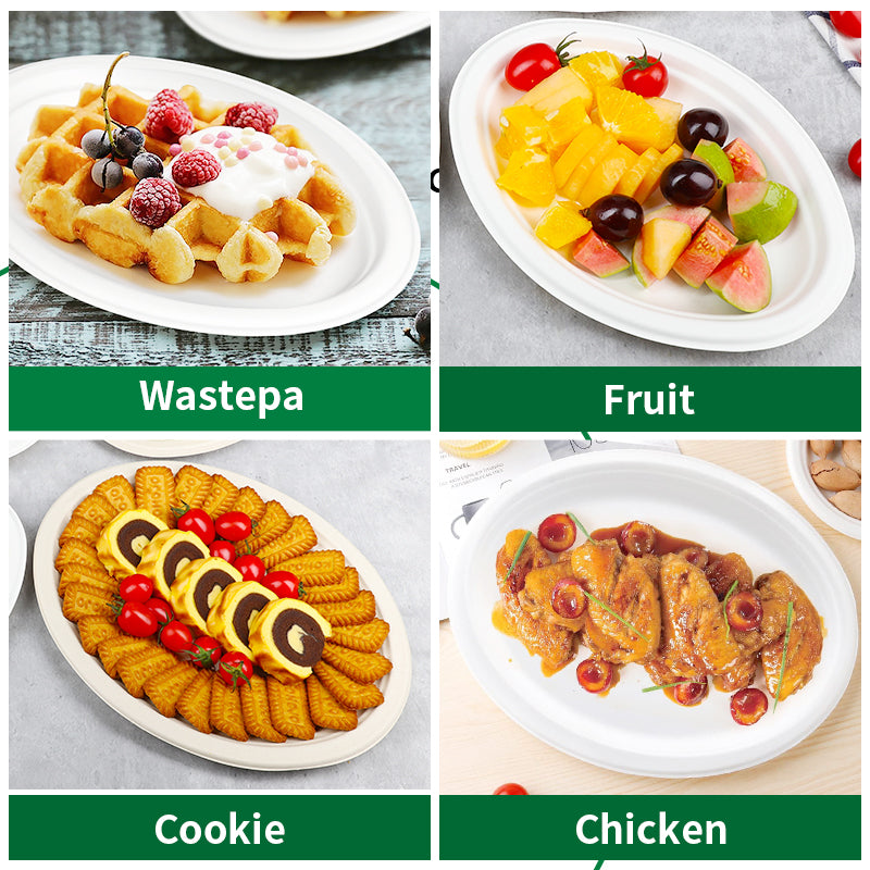 10x8 biodegradable oval plate filled with chicken waffle fruit and cookie, compostable plate for meals