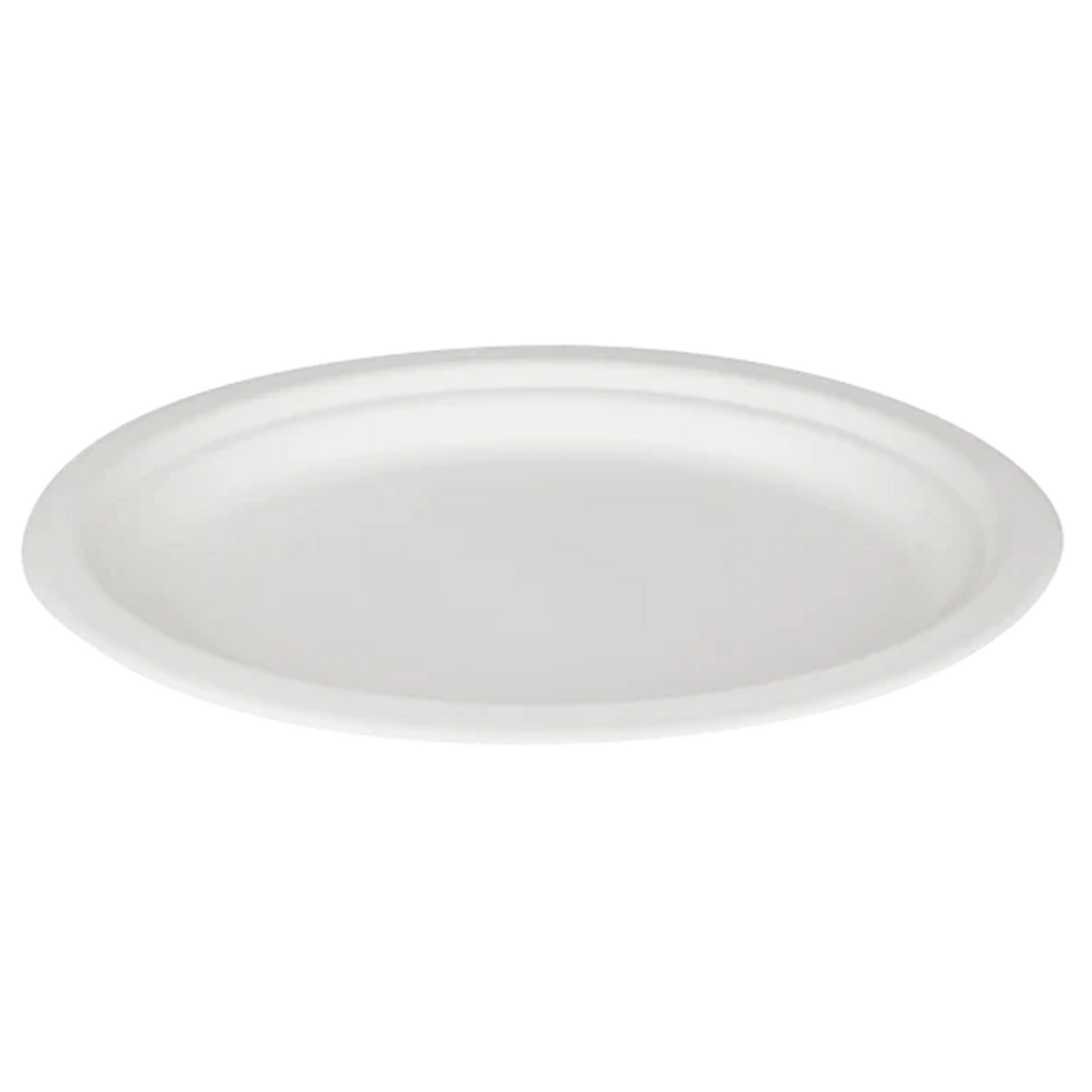 Single 10x8 biodegradable oval paper plate on white background, eco friendly compostable PFAS free plate