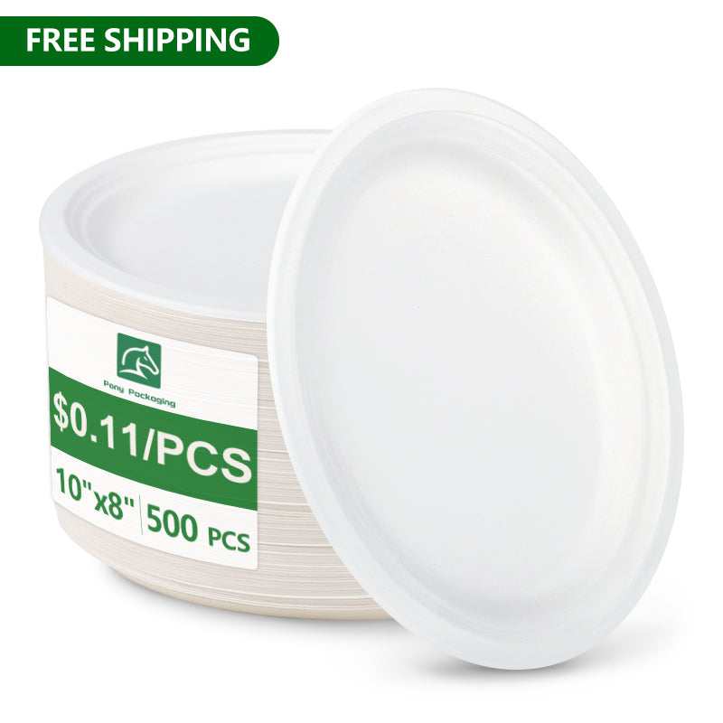 10x8 biodegradable oval paper plate stack and single plate product image with free shipping and price text, compostable microwave safe PFAS free tableware