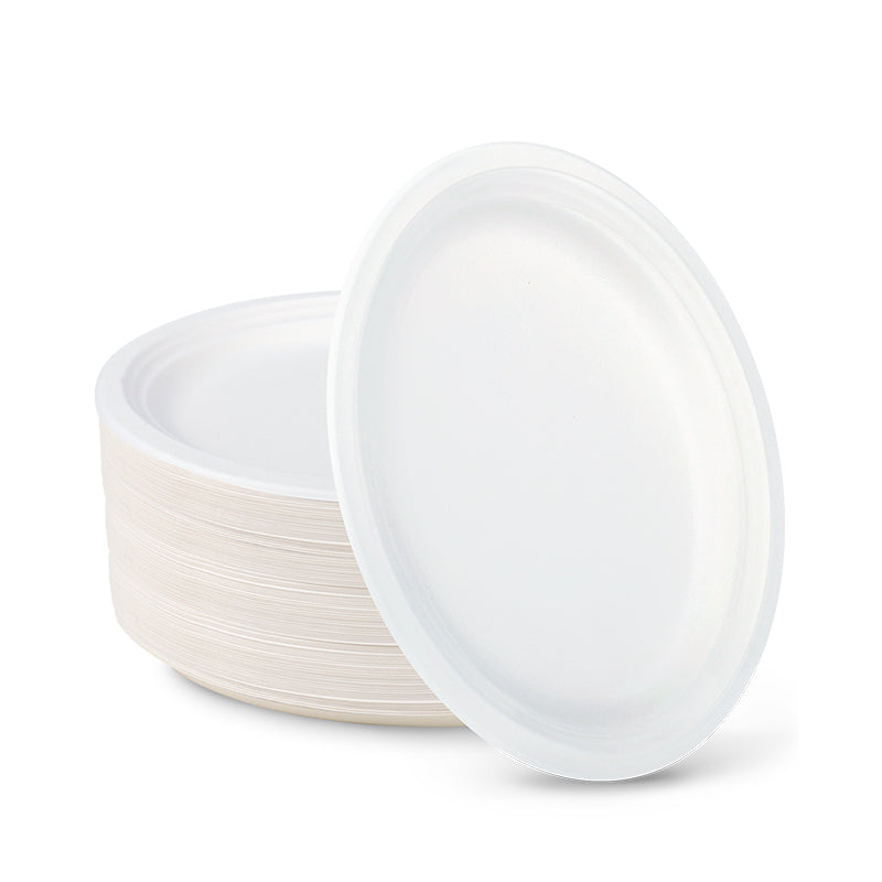 10x8 biodegradable oval paper plates, stack and single plate on white background, compostable and microwave safe