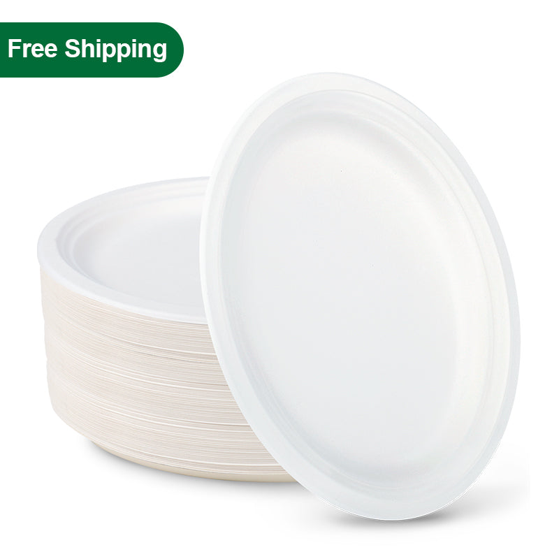 12.5 x 10 inch biodegradable oval plate with stack of plates, compostable white sugarcane plates for food service, Free Shipping