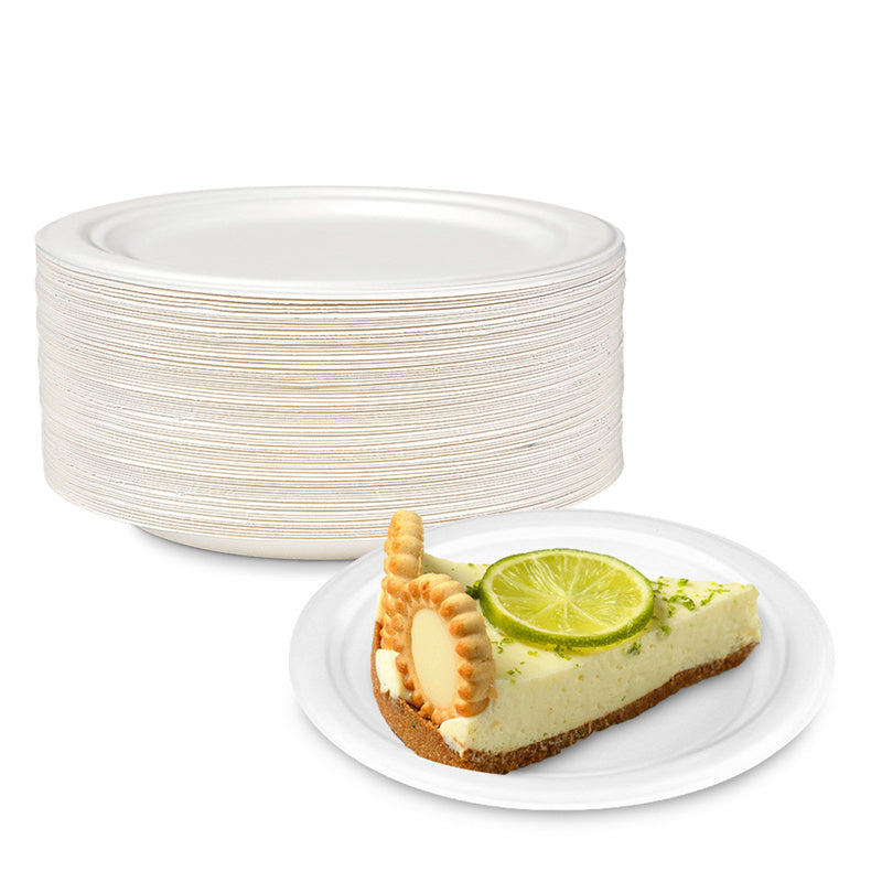 Stack of 6 inch white fiber plates with cheesecake on top plate, PFAS free biodegradable sample plate
