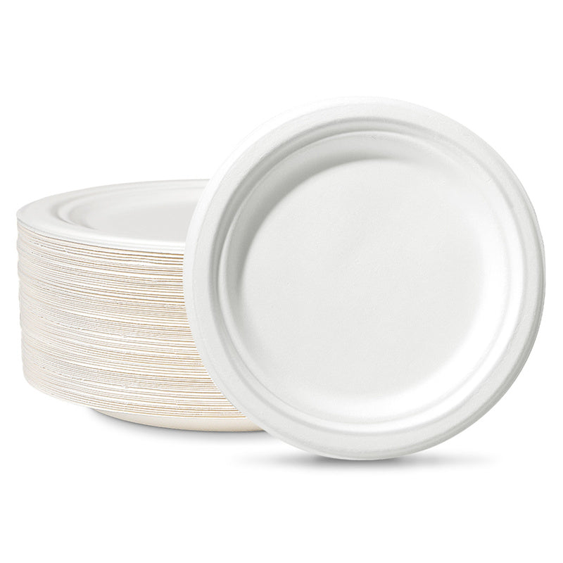 6 inch white fiber sample plate, PFAS free, stack of compostable plates with one plate in front