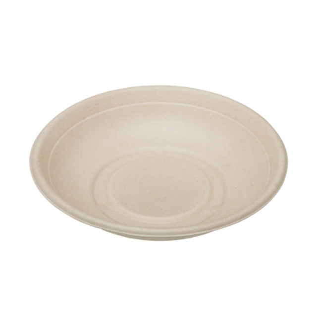 45 degree angle view of 24 oz PFAS free round compostable fiber bowl, disposable eco friendly container