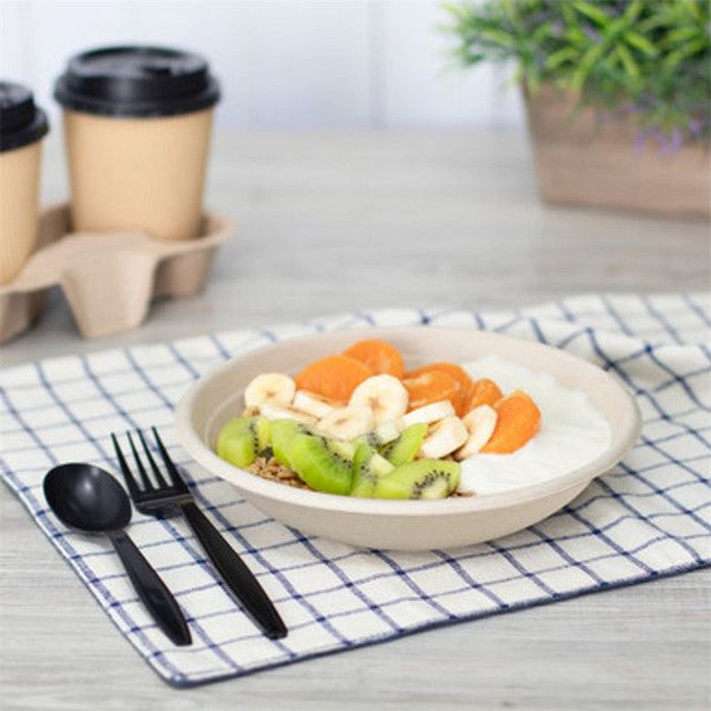 24 oz compostable fiber bowl filled with yogurt, granola, and fruit, PFAS free eco friendly bowl, breakfast scene