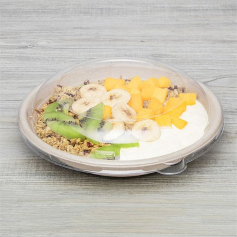 24 oz compostable round fiber bowl filled with yogurt, granola, and fruit, shown with clear lid, PFAS free eco friendly disposable bowl