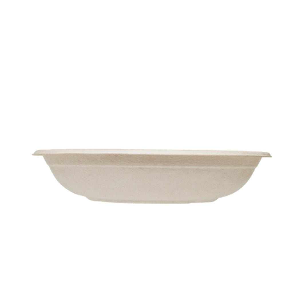 Side view of 24 oz compostable round fiber bowl, PFAS free biodegradable eco bowl