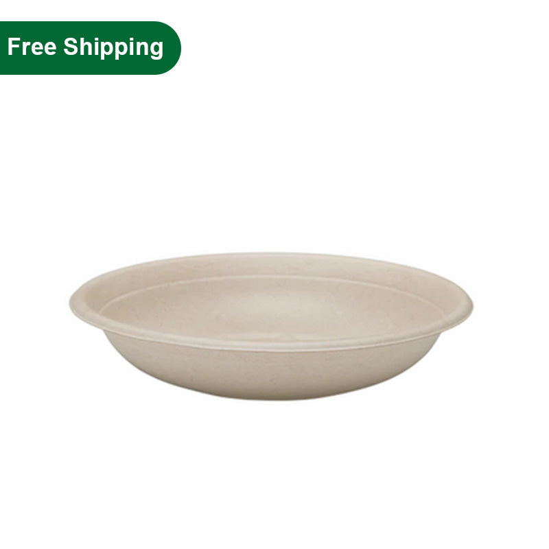 24 oz PFAS free compostable round fiber bowl, single bowl product image with free shipping label