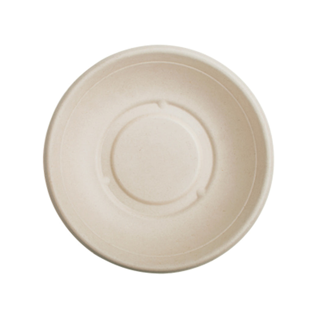 Top view of 24 oz round compostable fiber bowl, PFAS free eco friendly disposable tableware