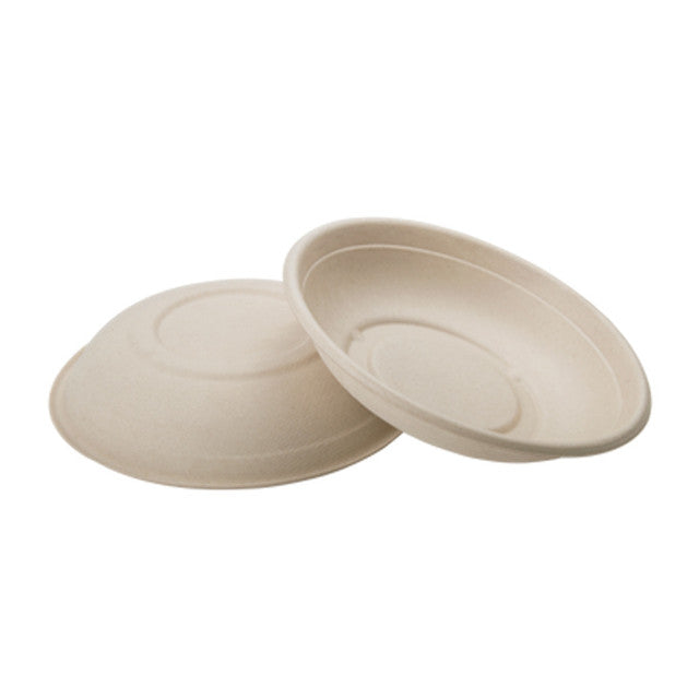 Two 24 oz PFAS free fiber bowls, one upright and one upside down, compostable round bowls stacked