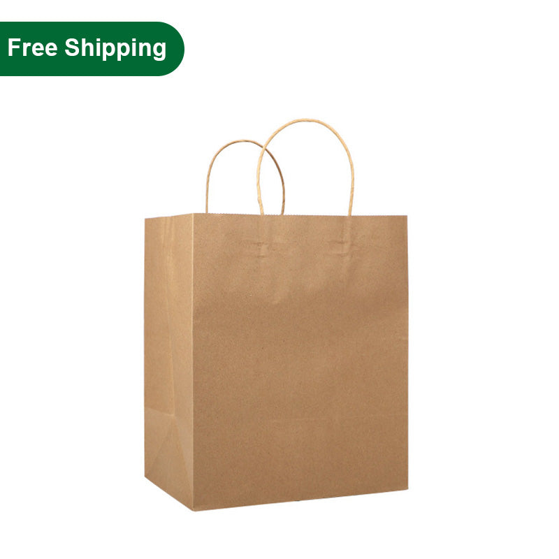 PHB12710 medium kraft brown paper bags with handles – bulk 250 pack for restaurants, stores, or food delivery use with free shipping
